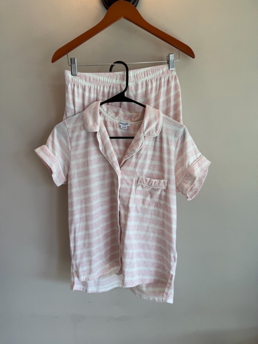 Splendid Womens Pink White Striped Pajama Set Short Sleeve Button Up Ruffle S